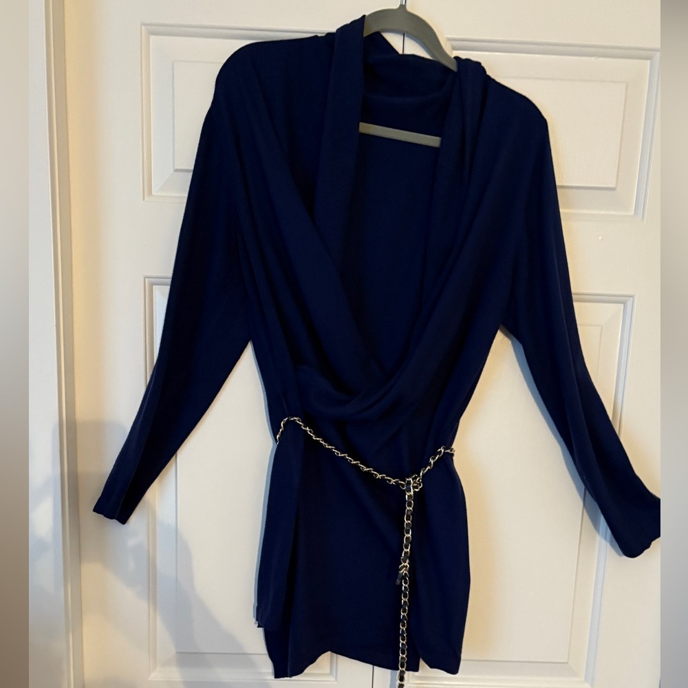 Elegant Navy Long Sleeve Cardigan with Chain Belt